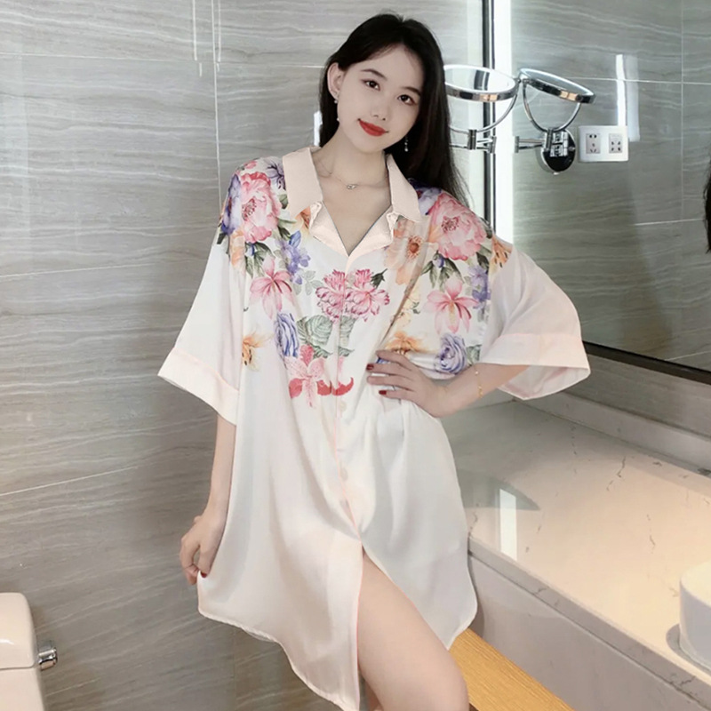 春夏蕾絲睡裙 冰絲短袖薄款寬鬆 性感襯衫睡衣裙